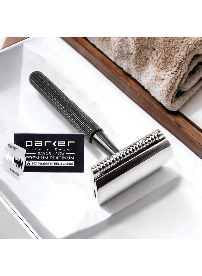 باركر سيفتي رازور ماكينة حلاقة باركر 78R الآمنة ذات الحافة المزدوجة مع 5 شفرات حلاقة آمنة، ماكينة حلاقة آمنة للنساء والرجال، ماكينة حلاقة قابلة لإعادة الاستخدام، خالية من البلاستيك - جرافيت - Image 2