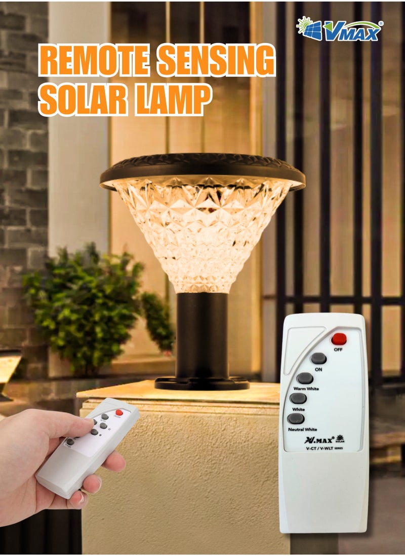 Vmax - Solar Garden Deck Lamp-30Cm-Black-Round, Remote-Controlled LED Outdoor Solar Lamp, 3000K(Warm)/4000K(Neutral)/6500K(Cool) White Light, 7500 MAh Battery, For Fence Garden Yard Deck Patio - Image 1