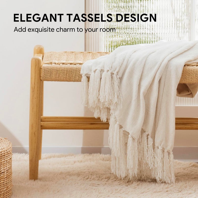 RECYCO Throw Blanket Soft Cozy Chenille Throw Blanket with Fringe Tassel for Couch Sofa Chair Bed Living Room Gift (Ivory White, 50" x 60") - Image 2