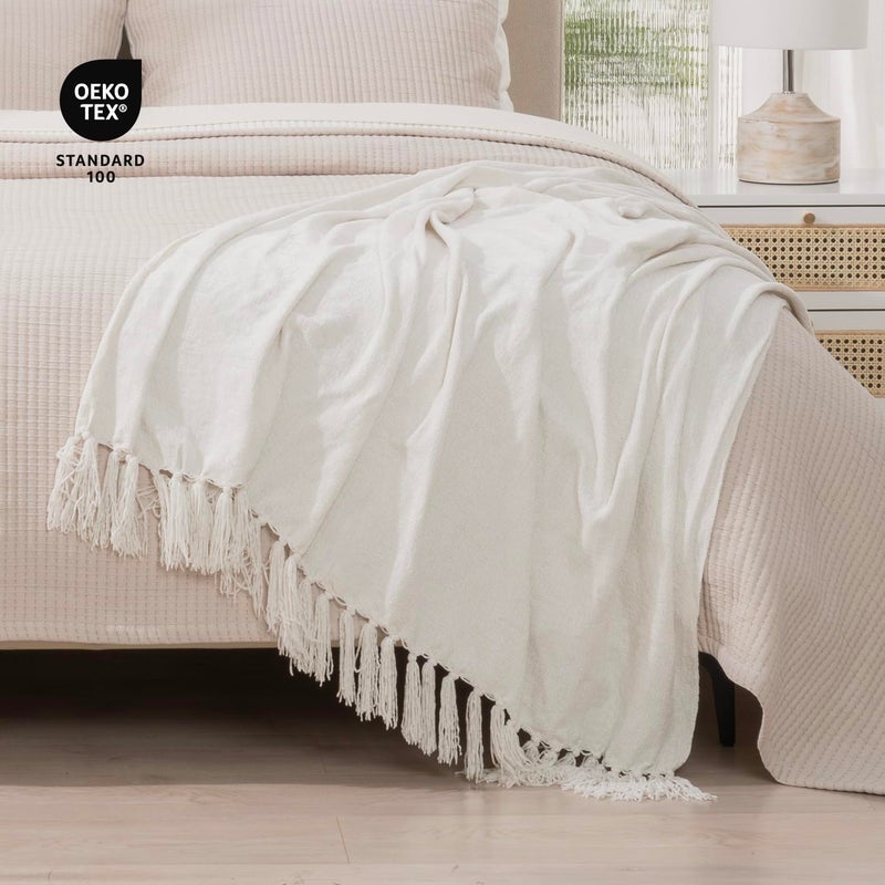RECYCO Throw Blanket Soft Cozy Chenille Throw Blanket with Fringe Tassel for Couch Sofa Chair Bed Living Room Gift (Ivory White, 50" x 60") - Image 5