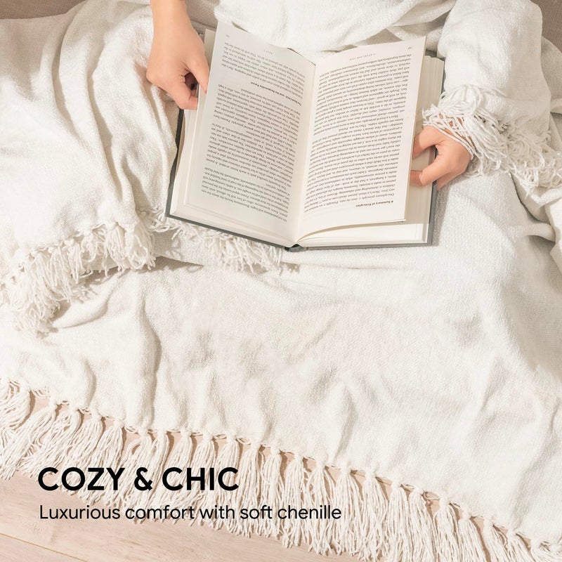 RECYCO Throw Blanket Soft Cozy Chenille Throw Blanket with Fringe Tassel for Couch Sofa Chair Bed Living Room Gift (Ivory White, 50" x 60") - Image 3