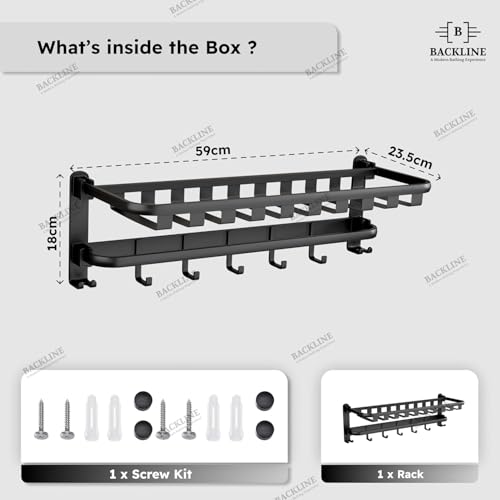 B BACKLINE Aluminium Folding Towel Rack | 24-Inch Wall Mount Foldable Towel Holder with Rod, 9 Hooks & Storage Shelf | Bathroom Stand for Shampoo & Accessories | Black Matt Finish (3 Year Warrenty) - Image 2
