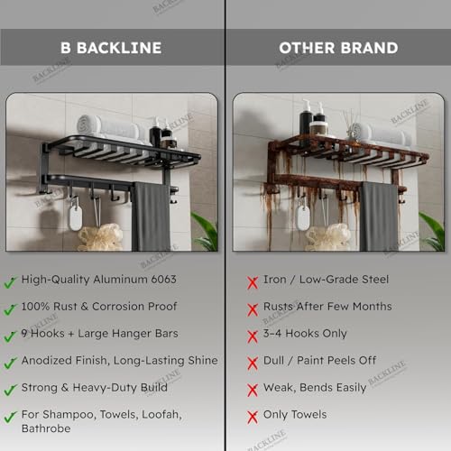 B BACKLINE Aluminium Folding Towel Rack | 24-Inch Wall Mount Foldable Towel Holder with Rod, 9 Hooks & Storage Shelf | Bathroom Stand for Shampoo & Accessories | Black Matt Finish (3 Year Warrenty) - Image 5