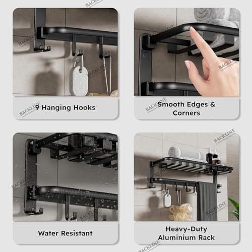 B BACKLINE Aluminium Folding Towel Rack | 24-Inch Wall Mount Foldable Towel Holder with Rod, 9 Hooks & Storage Shelf | Bathroom Stand for Shampoo & Accessories | Black Matt Finish (3 Year Warrenty) - Image 3
