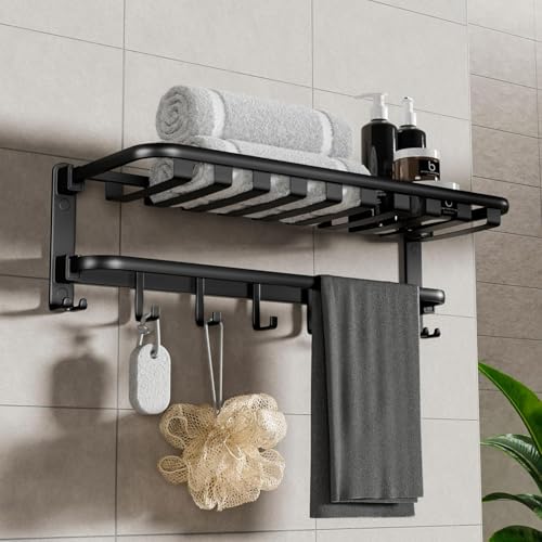 B BACKLINE Aluminium Folding Towel Rack | 24-Inch Wall Mount Foldable Towel Holder with Rod, 9 Hooks & Storage Shelf | Bathroom Stand for Shampoo & Accessories | Black Matt Finish (3 Year Warrenty) - Image 1