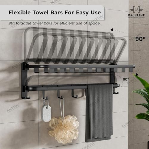 B BACKLINE Aluminium Folding Towel Rack | 24-Inch Wall Mount Foldable Towel Holder with Rod, 9 Hooks & Storage Shelf | Bathroom Stand for Shampoo & Accessories | Black Matt Finish (3 Year Warrenty) - Image 4