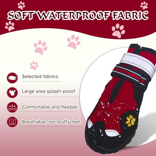 FISHOAKY Dog Shoes for Large Dogs, 360°Anti Slip Medium Dog Boots & Paw Protectors Winter Snowy, Waterproof 4Pcs Dog Booties with Reflective Strips (Size 6: 2.56''x3.07''(W*L), Red) - Image 3