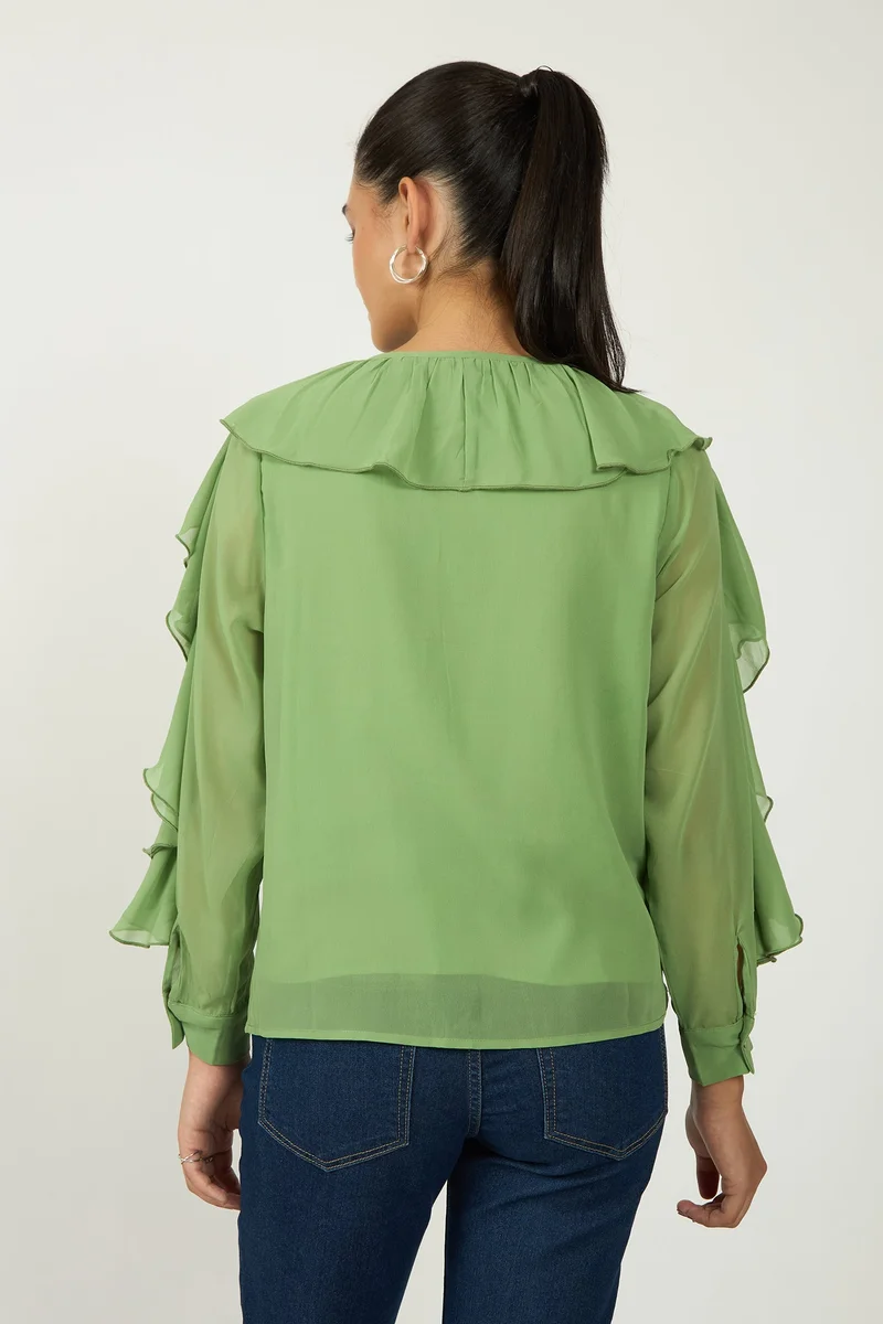 Virgio VIRGIO Georgette Green Ruffle Blouse