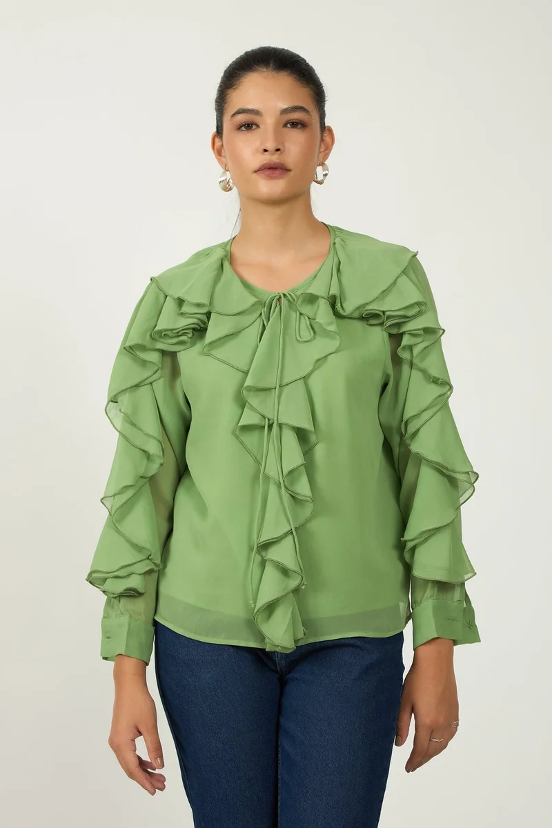 Virgio VIRGIO Georgette Green Ruffle Blouse