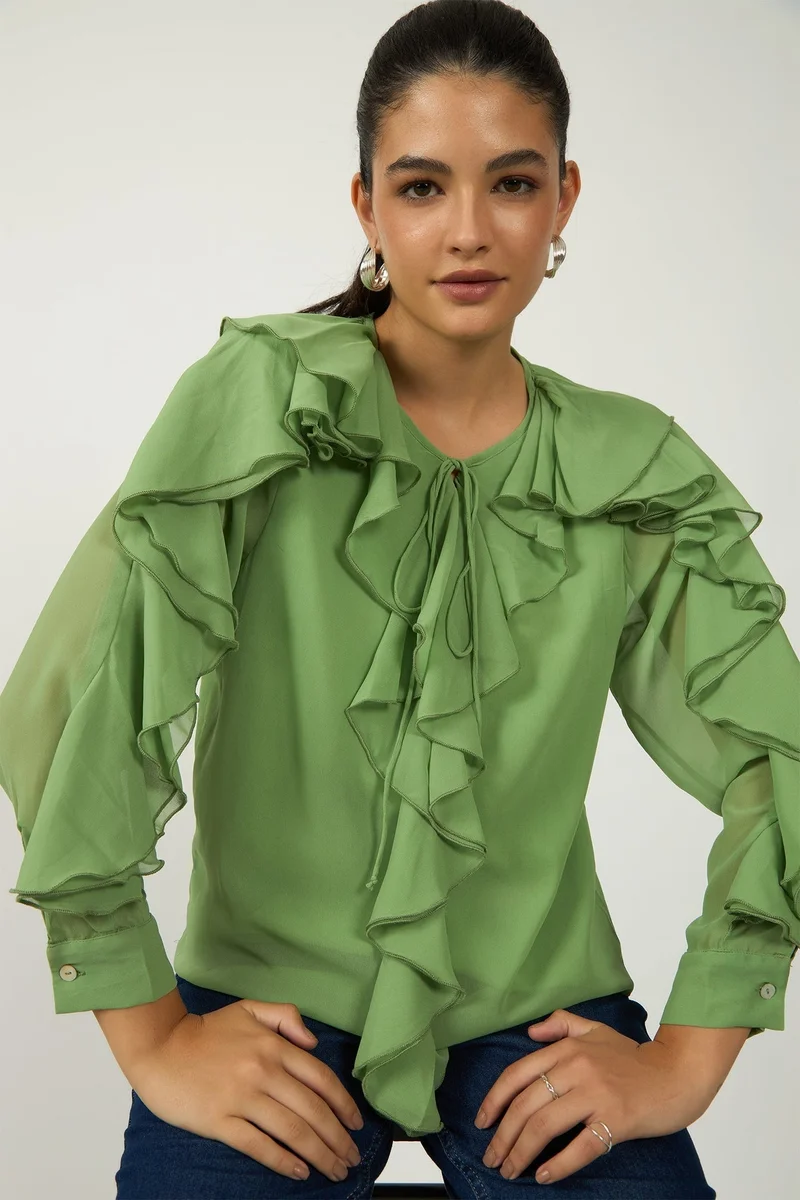 Virgio VIRGIO Georgette Green Ruffle Blouse
