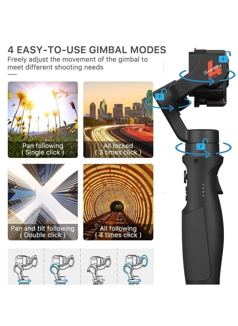 hohem iSteady Pro 4 3-Axis Gimbal Stabilizer for GoPro 13/12/11/10/9 8/7/6/5, for Osmo Action and Other Action Cameras,Support Bluetooth & Cable Control, IPX4 Splash Proof with Tripod