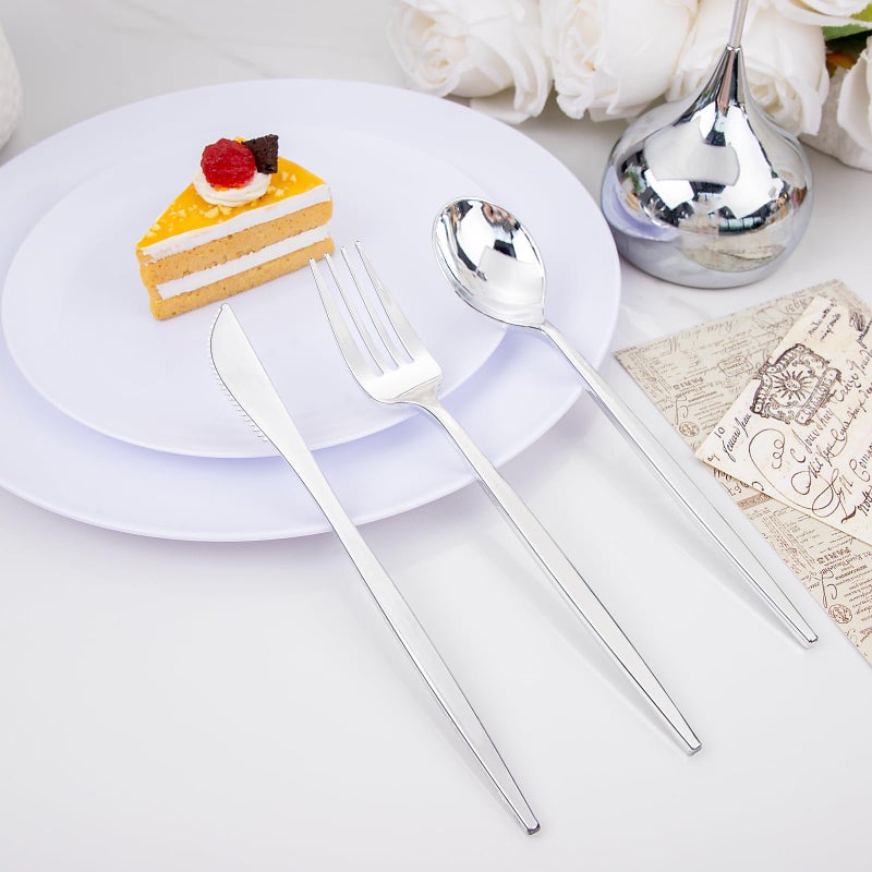 PULOTE 150PCS Silver Plastic Silverware Disposable - Heavy Duty Silver Plastic Cutlery Set - Plastic Utensils Set Include 50 Knives 50 Forks and 50 Spoons for Wedding Party&Christmas - Image 4