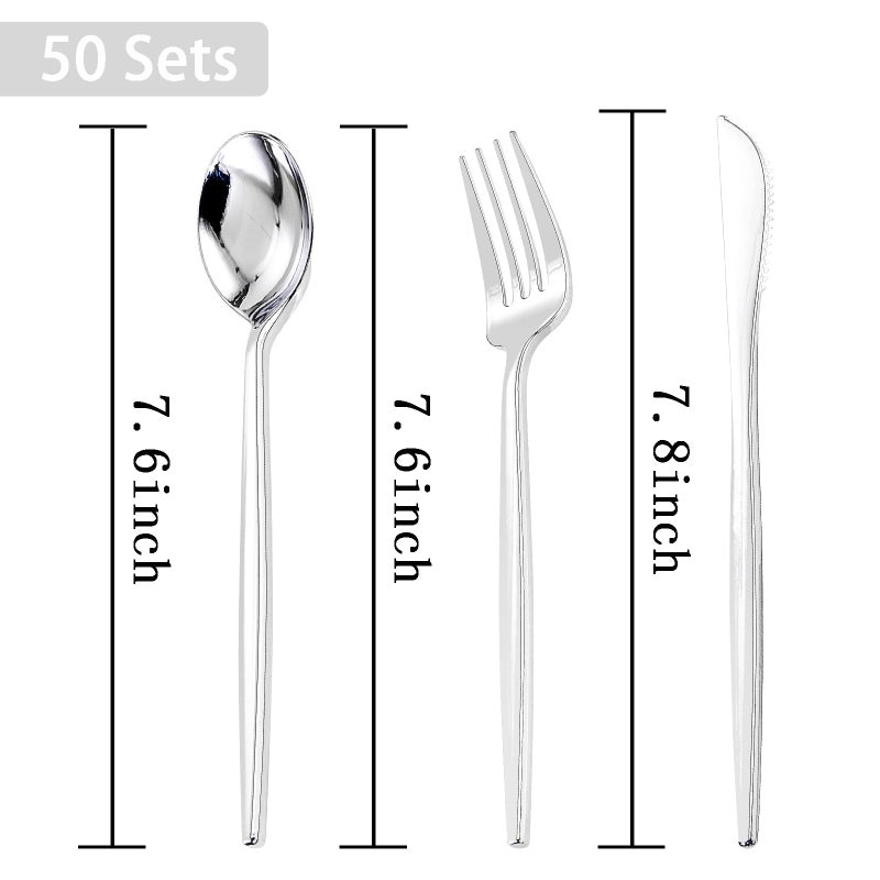 PULOTE 150PCS Silver Plastic Silverware Disposable - Heavy Duty Silver Plastic Cutlery Set - Plastic Utensils Set Include 50 Knives 50 Forks and 50 Spoons for Wedding Party&Christmas - Image 1