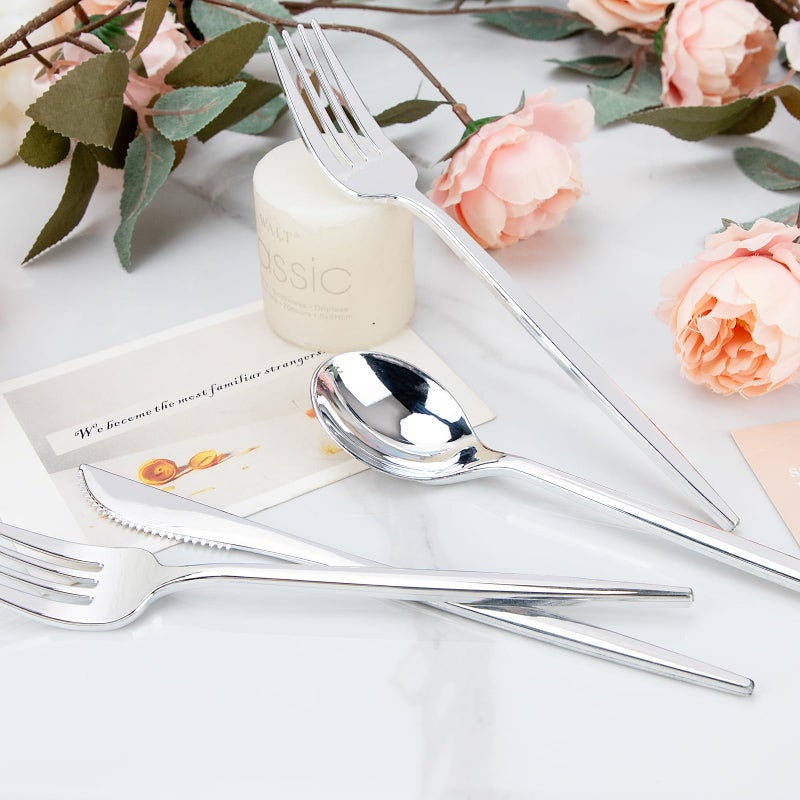 PULOTE 150PCS Silver Plastic Silverware Disposable - Heavy Duty Silver Plastic Cutlery Set - Plastic Utensils Set Include 50 Knives 50 Forks and 50 Spoons for Wedding Party&Christmas - Image 2