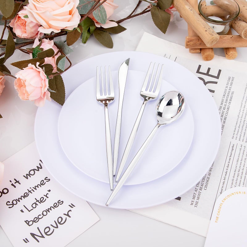 PULOTE 150PCS Silver Plastic Silverware Disposable - Heavy Duty Silver Plastic Cutlery Set - Plastic Utensils Set Include 50 Knives 50 Forks and 50 Spoons for Wedding Party&Christmas - Image 3