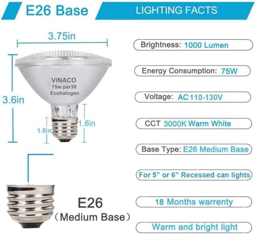 Vinaco Par30 Short Neck, 6pcs PAR30 75W 120V Light Bulbs, Dimmable. Premium Quality for Long Lasting Life, E26 Base, 3000K Warm White, par30 Flood Light Great for Accent Lighting, Tracking Lighting - Image 4