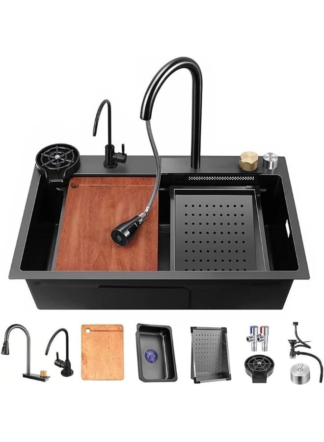 Lijijucn Black Waterfall Kitchen Sink, Drop In Single Bowl Stainless Steel Bar Sink With Cup Washer Sinks, Topmount Workstation Kitchen Sink With Accessories  - Image 1