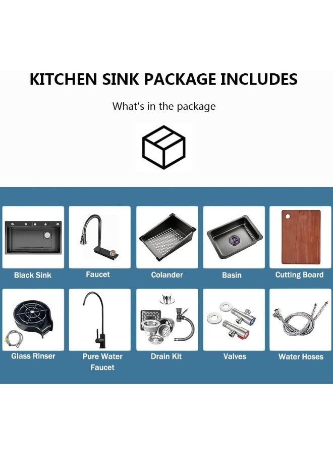 Lijijucn Black Waterfall Kitchen Sink, Drop In Single Bowl Stainless Steel Bar Sink With Cup Washer Sinks, Topmount Workstation Kitchen Sink With Accessories  - Image 2