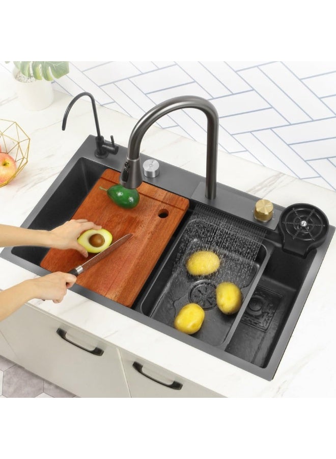 Lijijucn Black Waterfall Kitchen Sink, Drop In Single Bowl Stainless Steel Bar Sink With Cup Washer Sinks, Topmount Workstation Kitchen Sink With Accessories  - Image 3