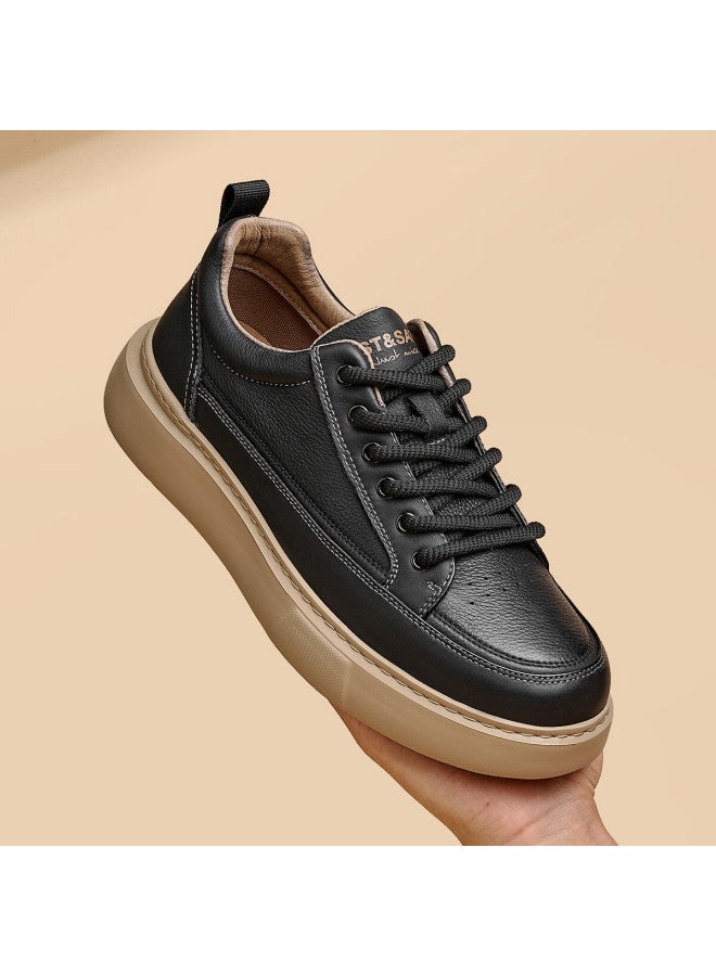 St&Sat Saay Men's First Layer Cowhide Versatile Retro White Sneakers Comfortable Lightweight Casual Skate Shoes Black 41 - Image 1