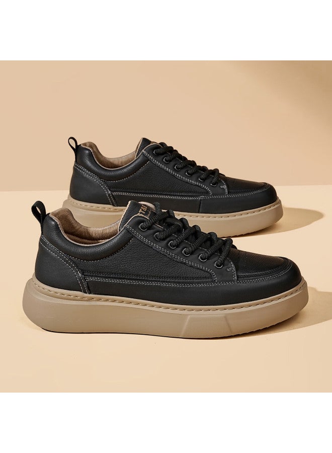 St&Sat Saay Men's First Layer Cowhide Versatile Retro White Sneakers Comfortable Lightweight Casual Skate Shoes Black 41 - Image 4