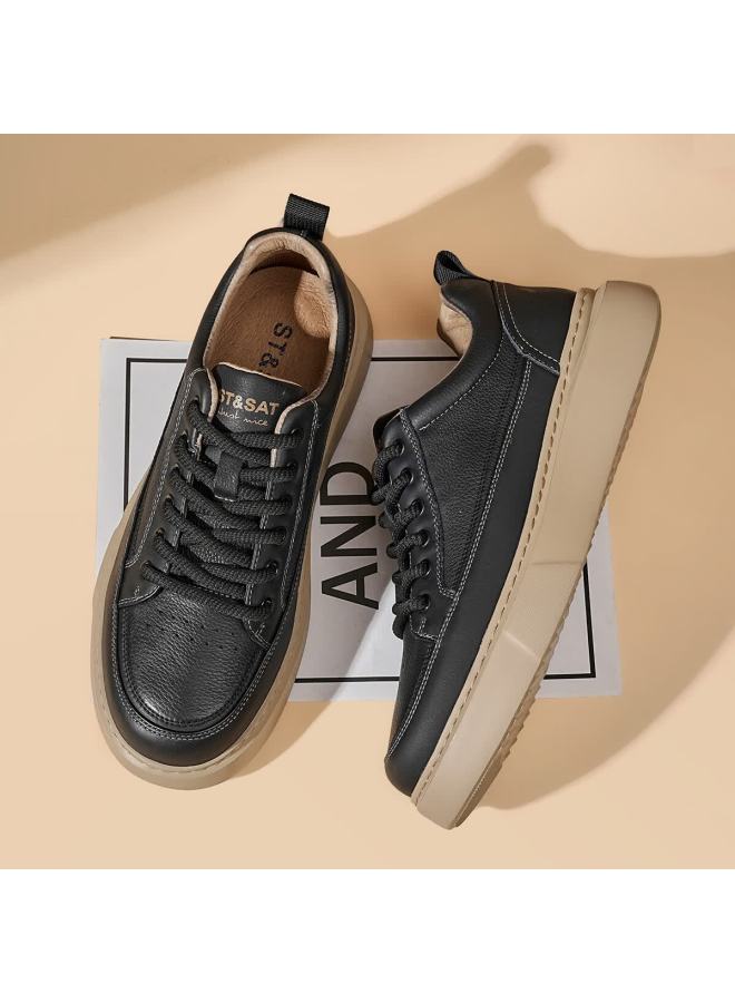 St&Sat Saay Men's First Layer Cowhide Versatile Retro White Sneakers Comfortable Lightweight Casual Skate Shoes Black 41 - Image 5
