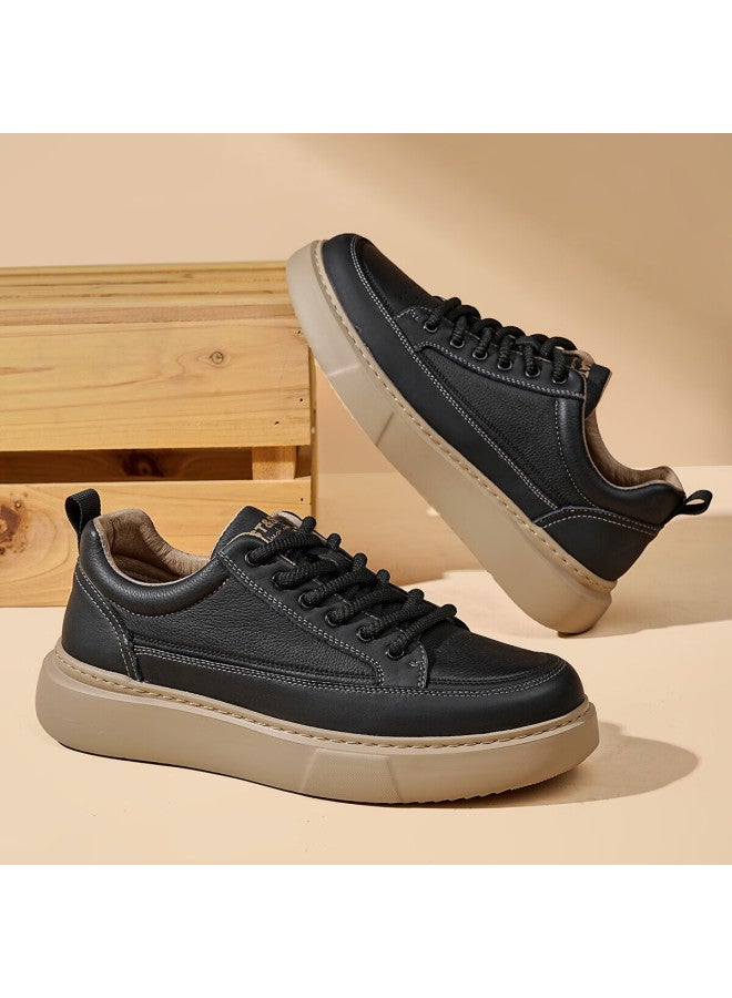 St&Sat Saay Men's First Layer Cowhide Versatile Retro White Sneakers Comfortable Lightweight Casual Skate Shoes Black 41 - Image 3