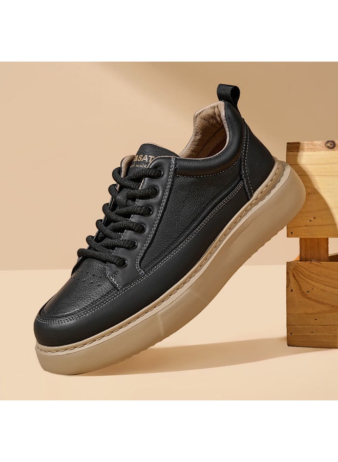 St&Sat Saay Men's First Layer Cowhide Versatile Retro White Sneakers Comfortable Lightweight Casual Skate Shoes Black 41 - Image 2