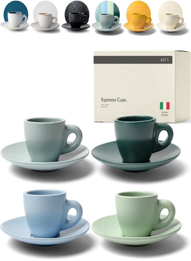 KIVY Espresso Cups Set of 4 [Set 4x 3oz]- Espresso Set Thick Walled Stoneware Espresso Cup Set - Italian Style Espresso Cups and Saucers - Coffee Mugs - Pastell Green, Blue - Image 1