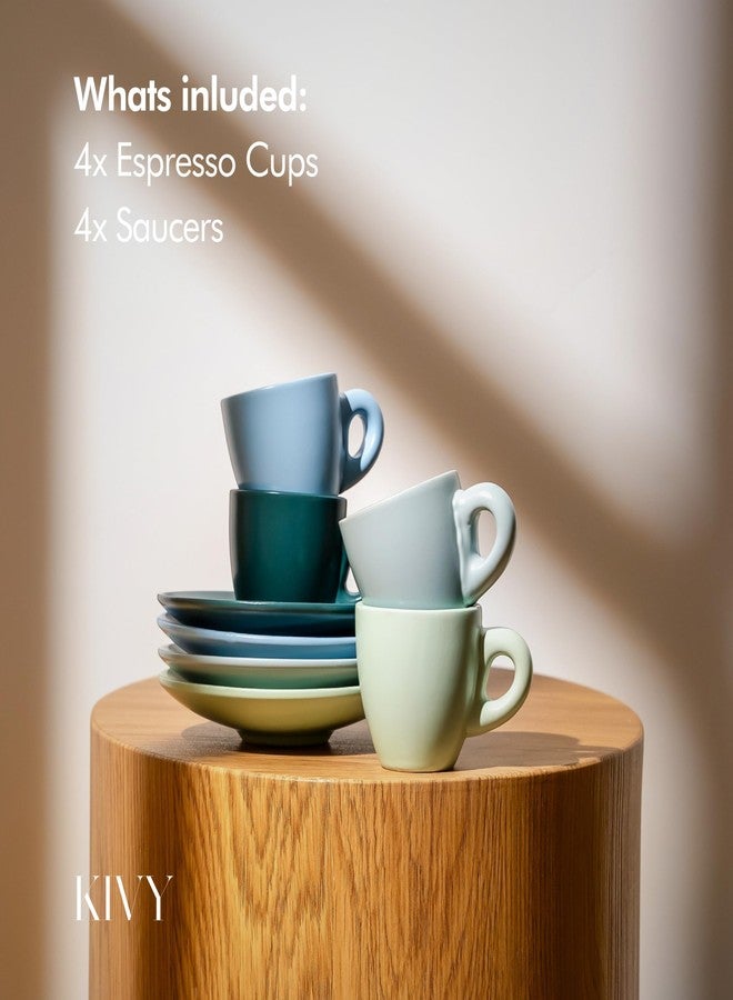 KIVY Espresso Cups Set of 4 [Set 4x 3oz]- Espresso Set Thick Walled Stoneware Espresso Cup Set - Italian Style Espresso Cups and Saucers - Coffee Mugs - Pastell Green, Blue - Image 5