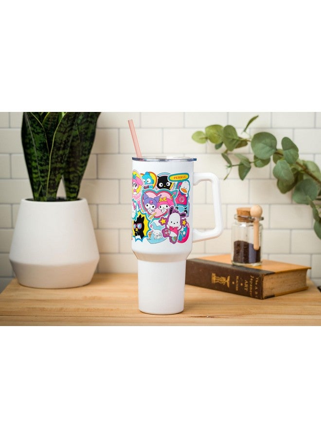 Silver Buffalo Sanrio Hello Kitty and Friends Cinnamoroll, Kuromi, Chococat, Badtz-Maru, Keroppi, etc Sticker Collage Stainless Steel Tumbler w Handle and Straw, Fits in Standard Cup Holder, 40 Ounces - Image 4