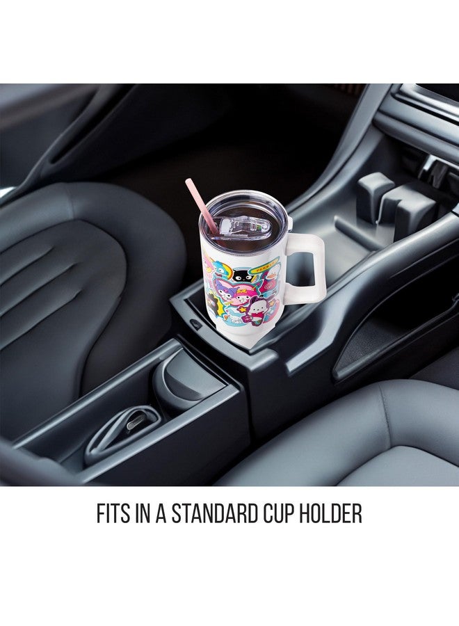Silver Buffalo Sanrio Hello Kitty and Friends Cinnamoroll, Kuromi, Chococat, Badtz-Maru, Keroppi, etc Sticker Collage Stainless Steel Tumbler w Handle and Straw, Fits in Standard Cup Holder, 40 Ounces - Image 3