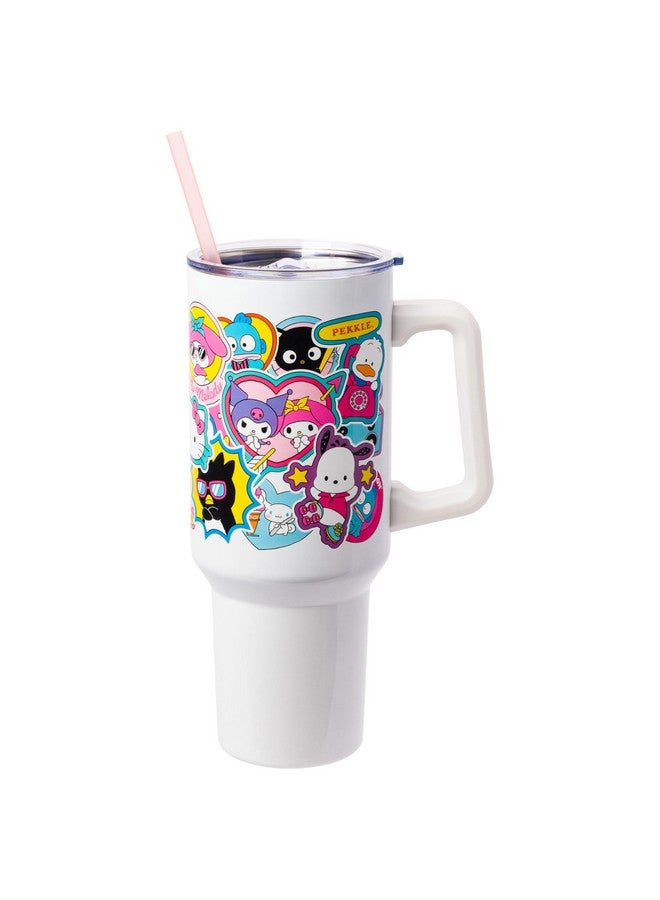 Silver Buffalo Sanrio Hello Kitty and Friends Cinnamoroll, Kuromi, Chococat, Badtz-Maru, Keroppi, etc Sticker Collage Stainless Steel Tumbler w Handle and Straw, Fits in Standard Cup Holder, 40 Ounces - Image 1