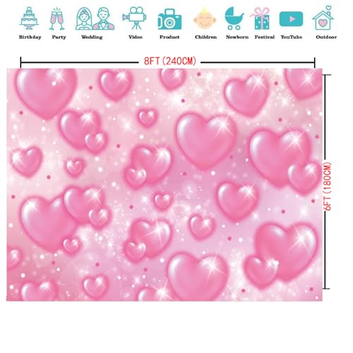 CYLYH 8x6FT Valentine's Day Backdrop Pink Heart Photo Backdrop 90s Background Sweet Women Men Happy Birthday Party Photography Background Studio Props - Image 5