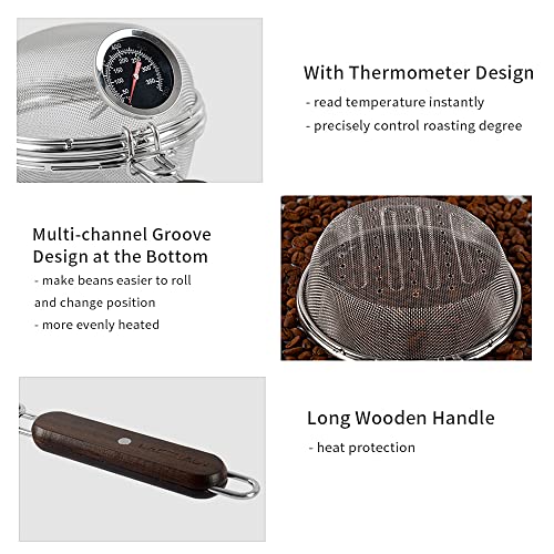 CAFEMASY Home Coffee Bean Roaster Tool - CAFEMASY Portable Stainless Steel Handy Coffee Roaster Mesh Pan Tool with Thermometer for Home & Outdoor Coffee Beans Baking - Image 3