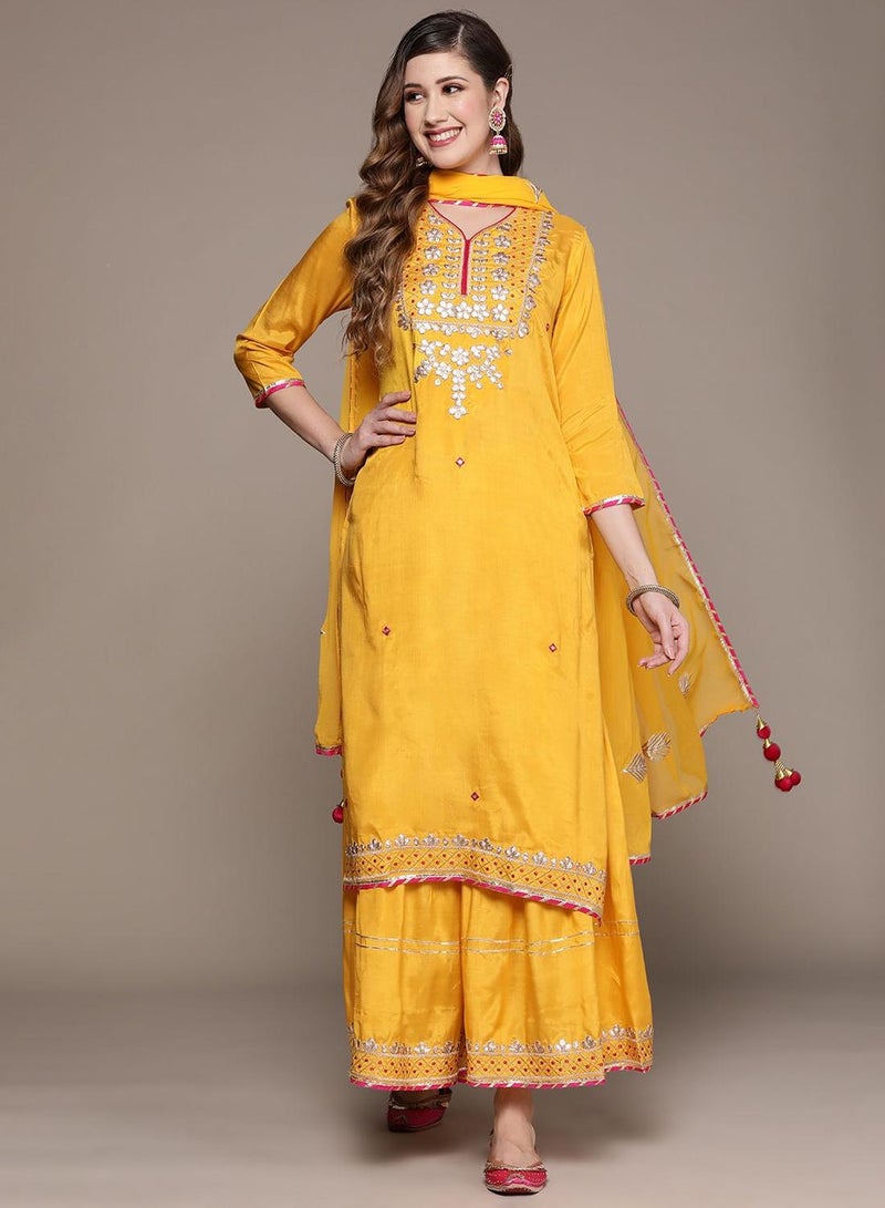 ISHIN Women'S Yellow 100% Cotton Self Design Full Length Palazzo Kurta Set - Image 1