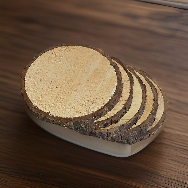Salvus App SOLUTIONS Rustic Wooden Log Coaster Set: Natural Bark Cup Slices for Home Décor and Table Protection (Brown_4 Inches)- Set of 4 - Image 1