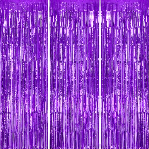 DECOCKRAT 3 Pack Foil Fringe Backdrop - Purple Shiny Tinsel Curtains for Party Decoration/Photo Booth Props - 3.3x8.2 FT Metallic Foil Backdrop for Birthday, Wedding, Graduation, Christmas. - Image 1