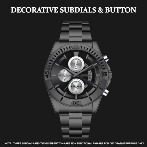 LONGBO Men's Watches Fashion Decorative Subdials Stainless Steel Band Luxury Dress Waterproof Quartz Wristwatches For Men, Birthday Anniversary Gift For Men (Black Dial And Silver Band, Analogue) - Image 3