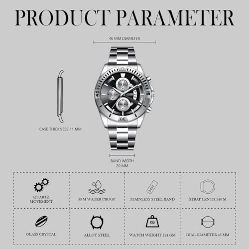LONGBO Men's Watches Fashion Decorative Subdials Stainless Steel Band Luxury Dress Waterproof Quartz Wristwatches For Men, Birthday Anniversary Gift For Men (Black Dial And Silver Band, Analogue) - Image 4