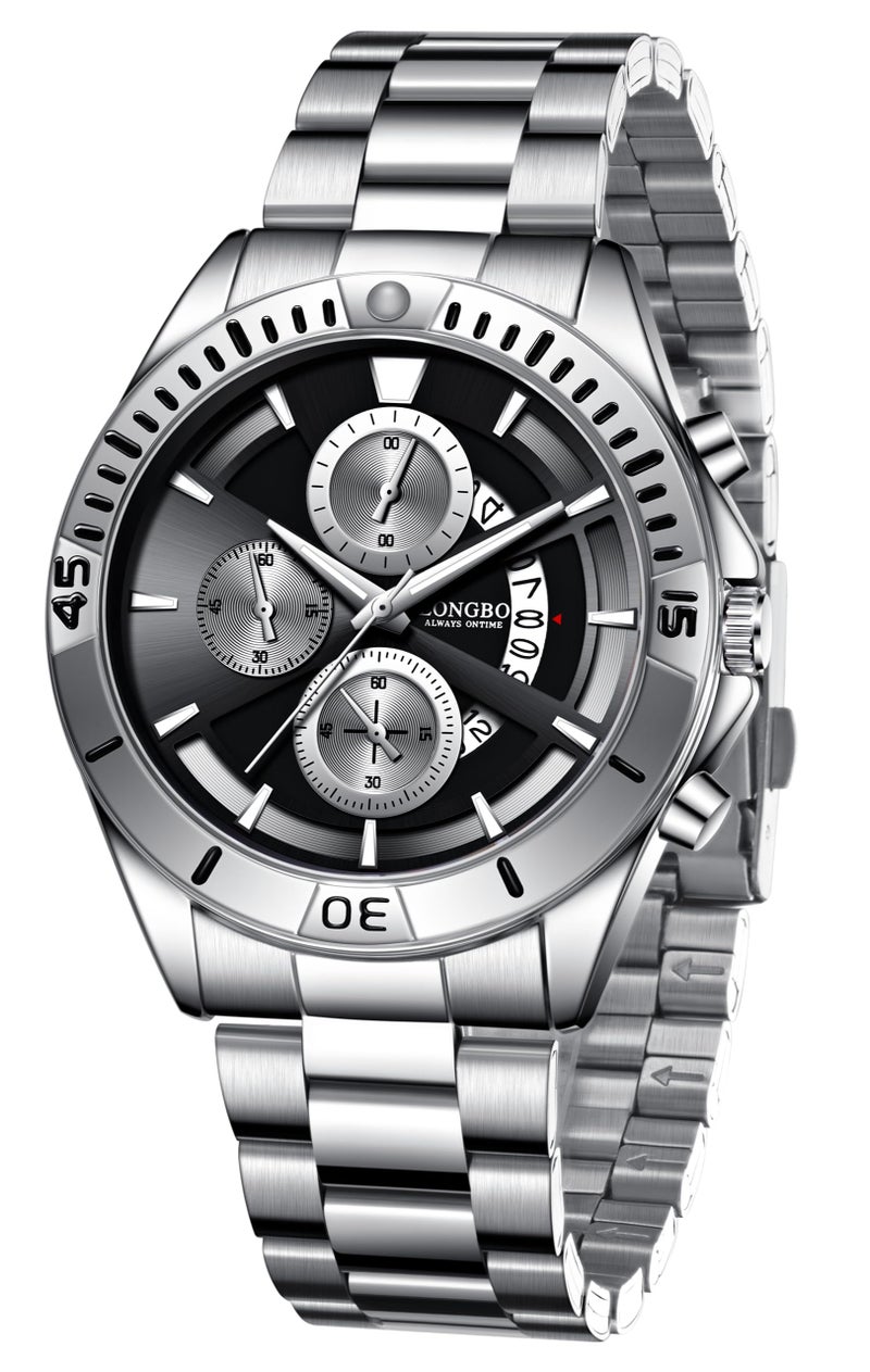 LONGBO Men's Watches Fashion Decorative Subdials Stainless Steel Band Luxury Dress Waterproof Quartz Wristwatches For Men, Birthday Anniversary Gift For Men (Black Dial And Silver Band, Analogue) - Image 1