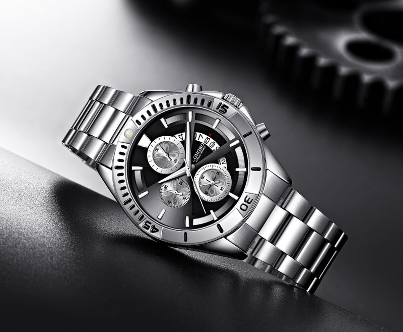 LONGBO Men's Watches Fashion Decorative Subdials Stainless Steel Band Luxury Dress Waterproof Quartz Wristwatches For Men, Birthday Anniversary Gift For Men (Black Dial And Silver Band, Analogue) - Image 2