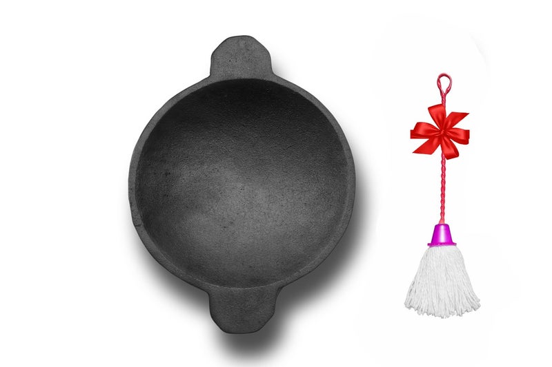 PRAGANIYA Cast Iron Appachatti/Appam Pan 100% Pure & Toxin-Free (Pre-Seasoned) (8 Inch APPAM PAN With Oil Spreader),Black - Image 1