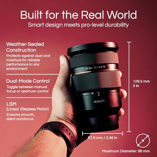Rokinon عدسة زوم Rokinon 24-70mm F2.8 AF لكاميرات سوني E – إطار كامل، بار-فوكال، تركيز تلقائي سريع، محكمة الإغلاق ضد الطقس، مطلية بـ UMC، جاهزة للفيديو السينمائي، تشغيل صامت، دعم التحكم اليدوي، مفتاح مخصص - Image 3