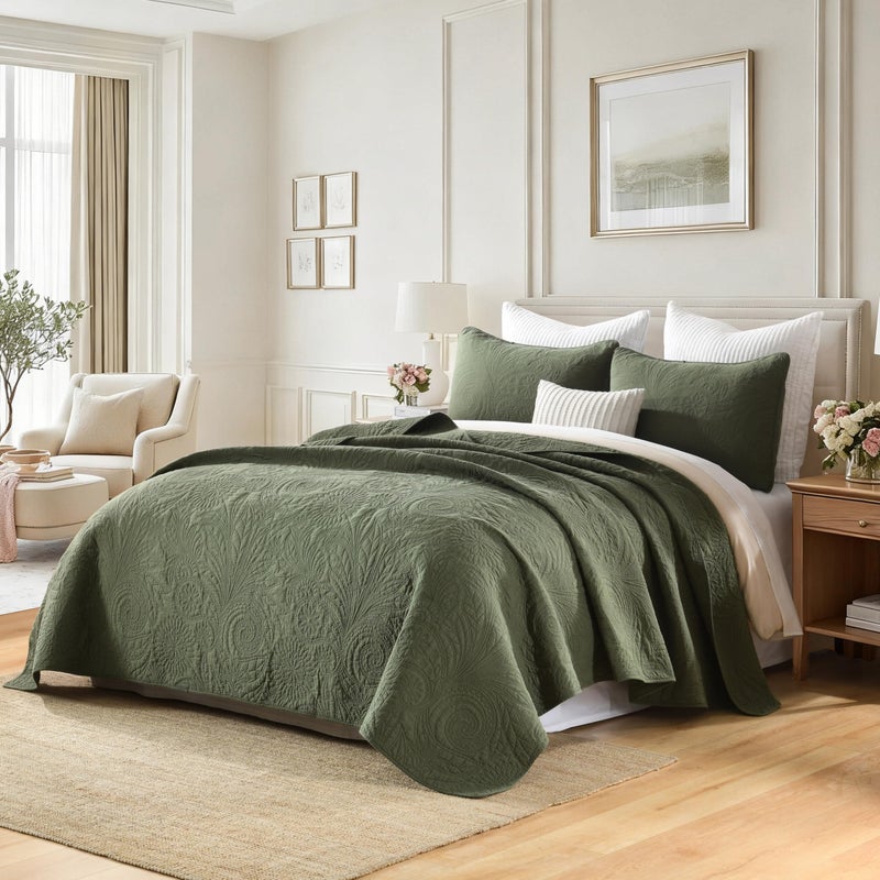 AJOCCI Cotton Queen Size Comforter Setï¼ŒSolid Quilt Set Olive Green Beddingï¼ŒPaisley Bedspreadsï¼ŒSoft Cotton Quilt Solid Color Lightweight Bedspread All Seasons 3 Piece - Image 2