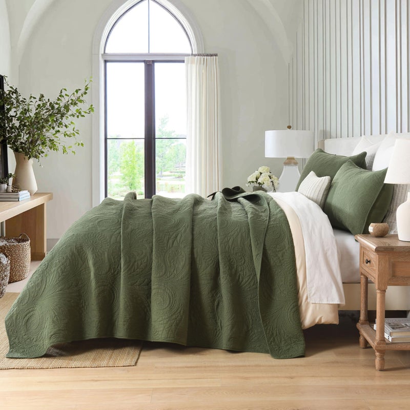 AJOCCI Cotton Queen Size Comforter Setï¼ŒSolid Quilt Set Olive Green Beddingï¼ŒPaisley Bedspreadsï¼ŒSoft Cotton Quilt Solid Color Lightweight Bedspread All Seasons 3 Piece - Image 3