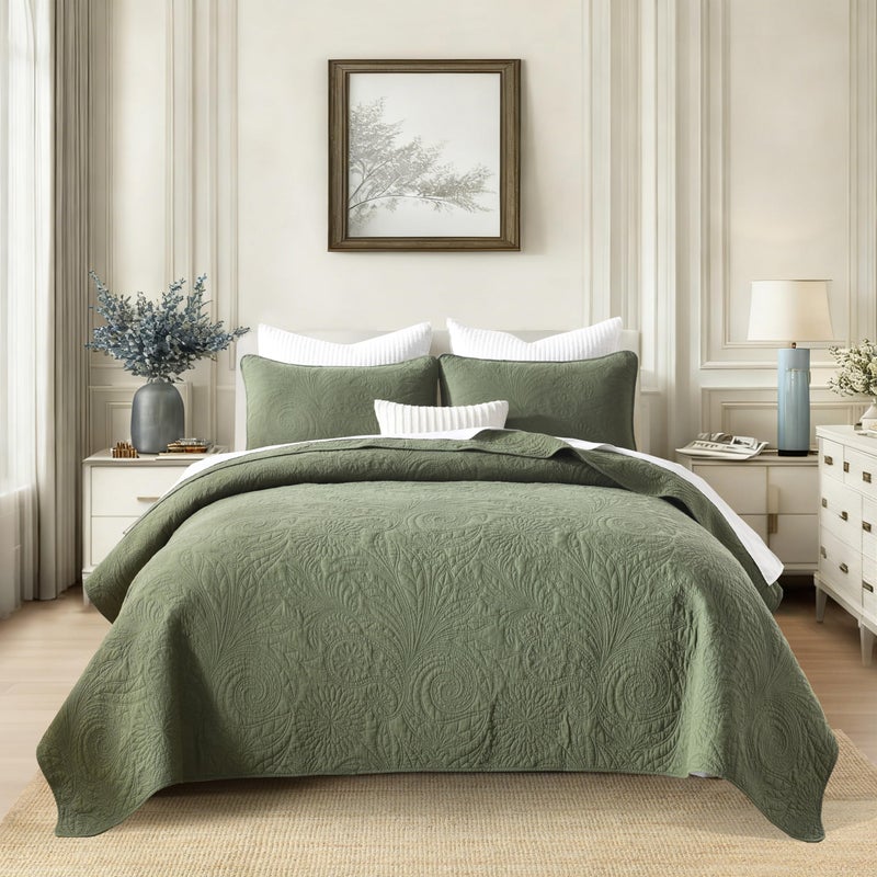 AJOCCI Cotton Queen Size Comforter Setï¼ŒSolid Quilt Set Olive Green Beddingï¼ŒPaisley Bedspreadsï¼ŒSoft Cotton Quilt Solid Color Lightweight Bedspread All Seasons 3 Piece - Image 1
