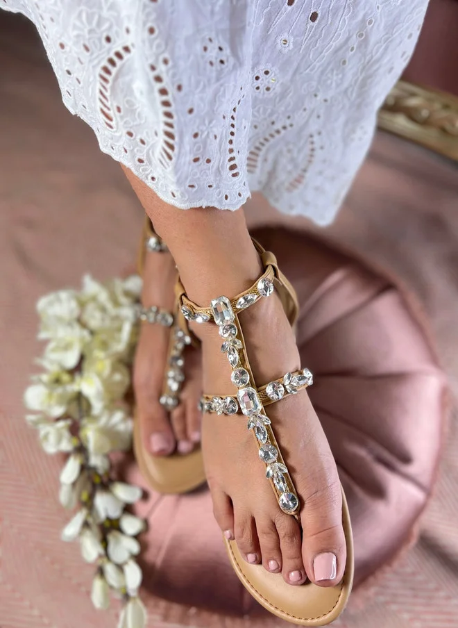 Sandal Stories SANDAL STORIES Women's Beige Gladiator Flats with Embellishments