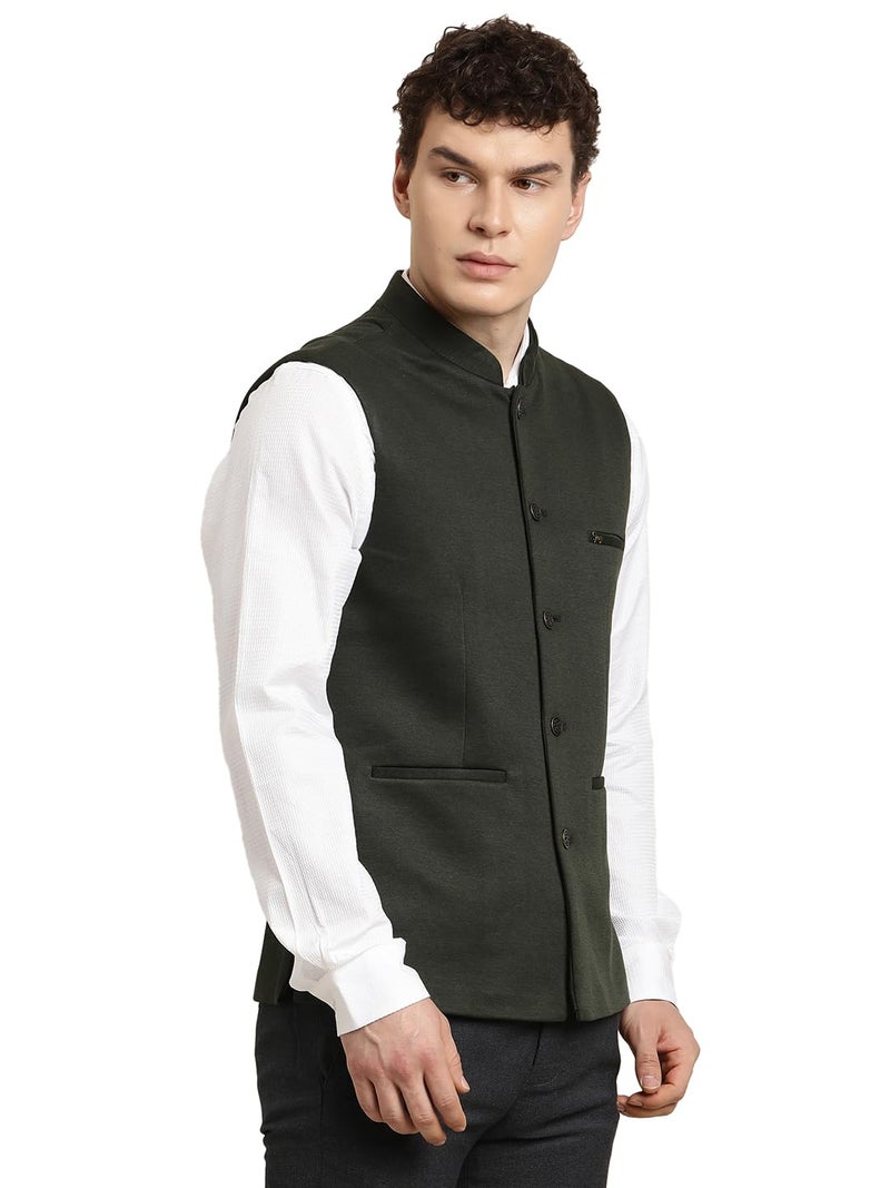 Turtle Men Dark Green Knitted Solid Party Nehru Jacket - Image 4