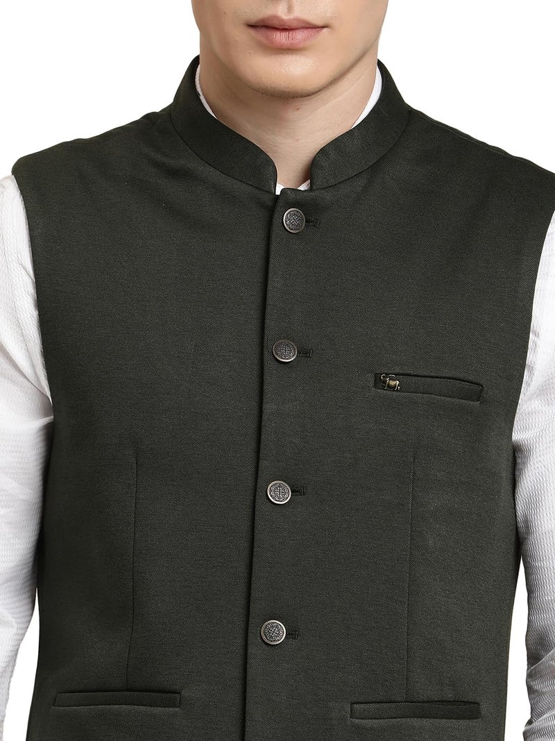 Turtle Men Dark Green Knitted Solid Party Nehru Jacket - Image 5
